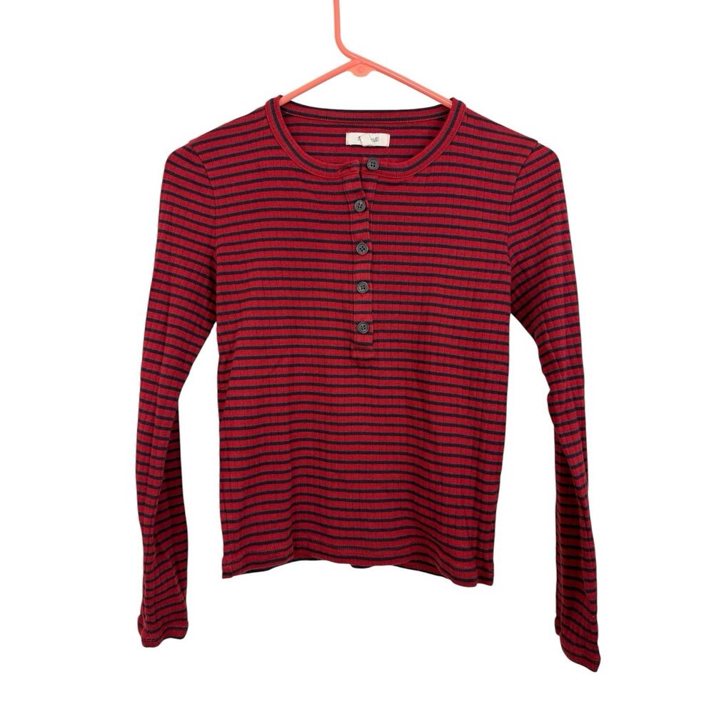 Madewell Ribbed Henley Top Sz Small Red Navy Striped Cotton Long Sleeve F6776
